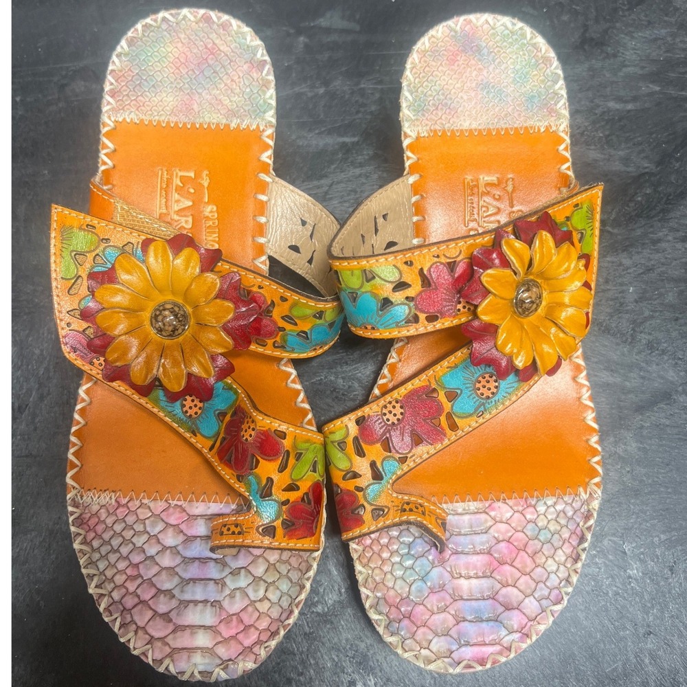L'Artiste Vardi Sandals Womens 37 Orange Leather Floral Wedge Boho Summer Shoes